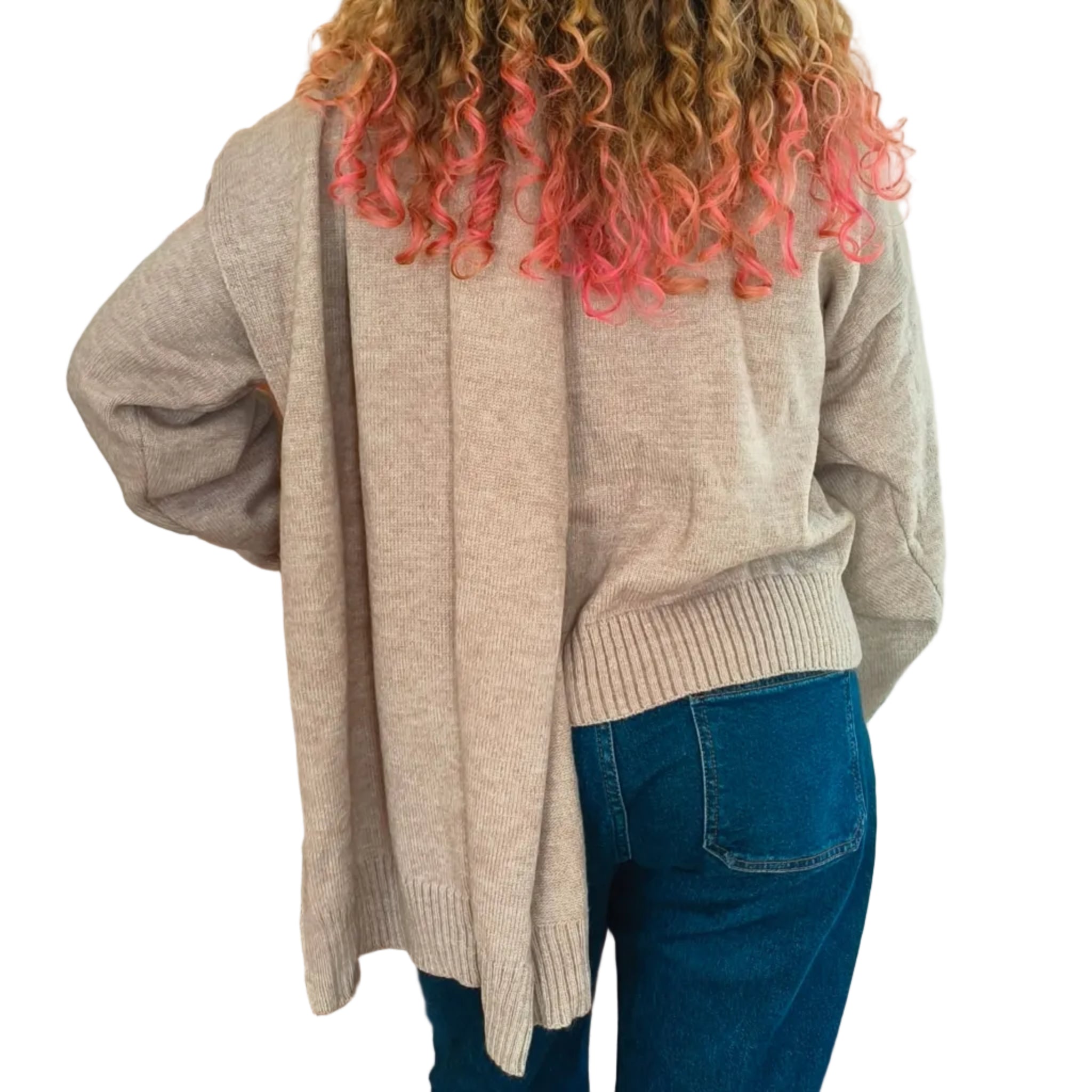 Woman wearing camel knit with shawl collar