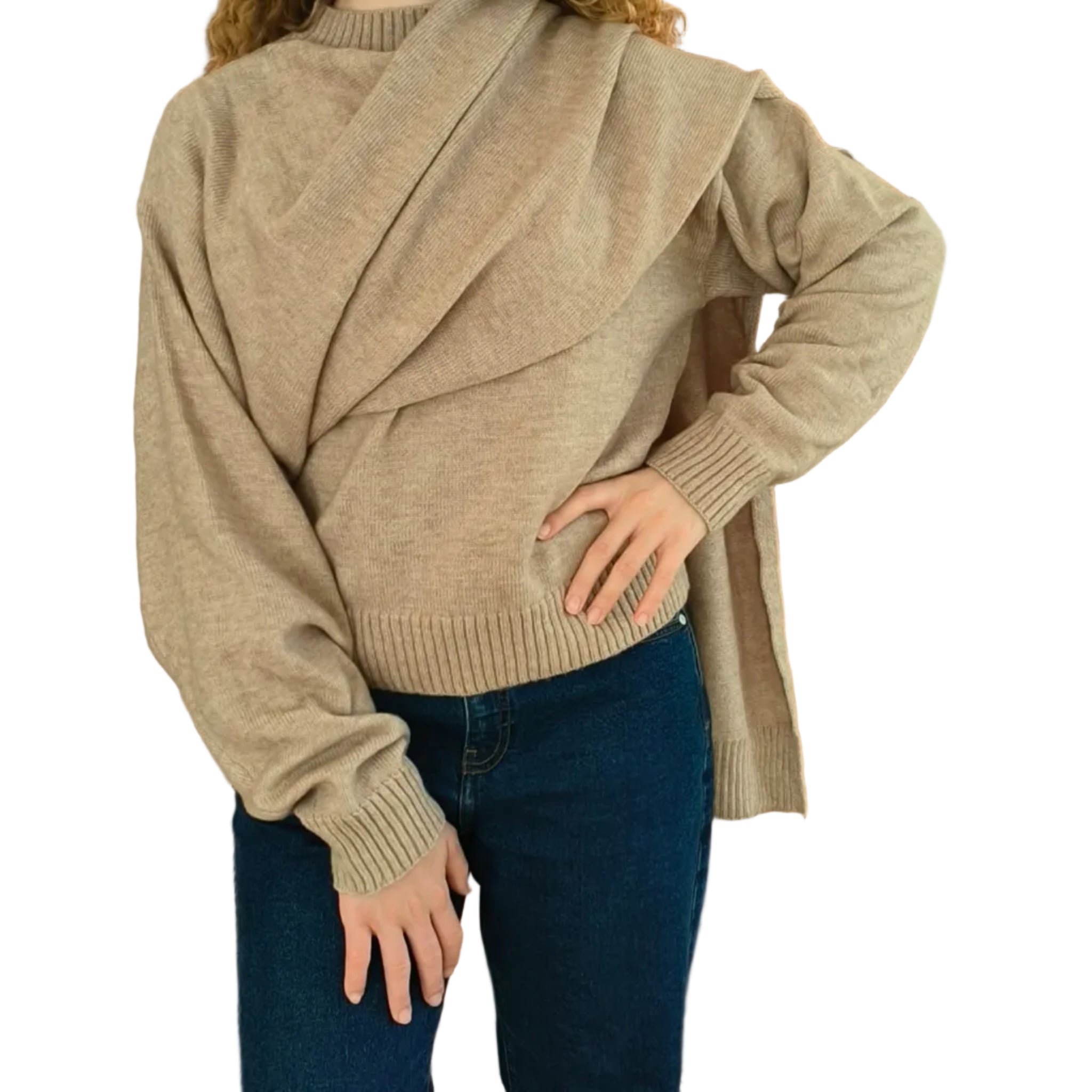 Woman wearing camel knit with shawl collar