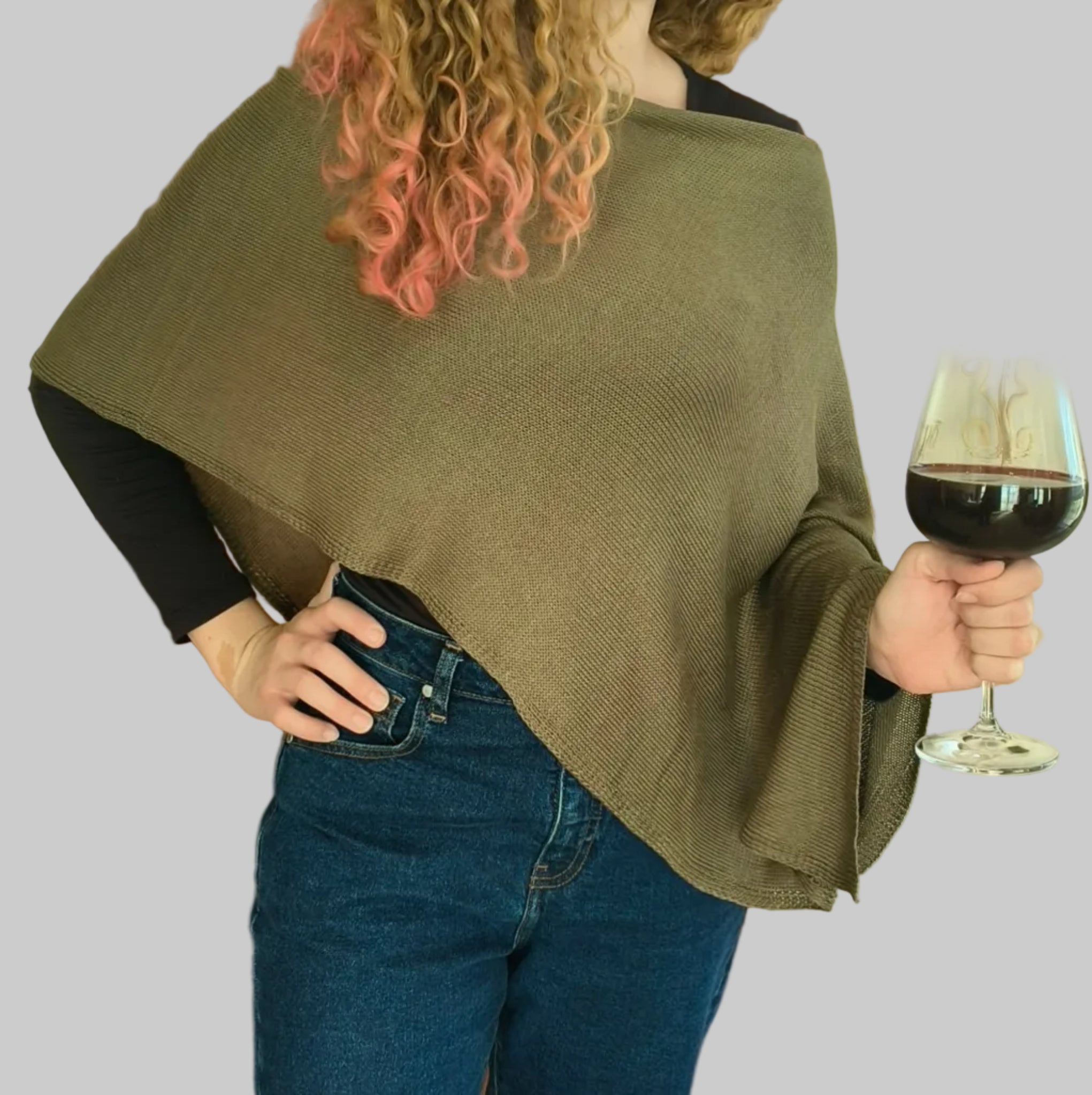Woman wearing olive green shawl