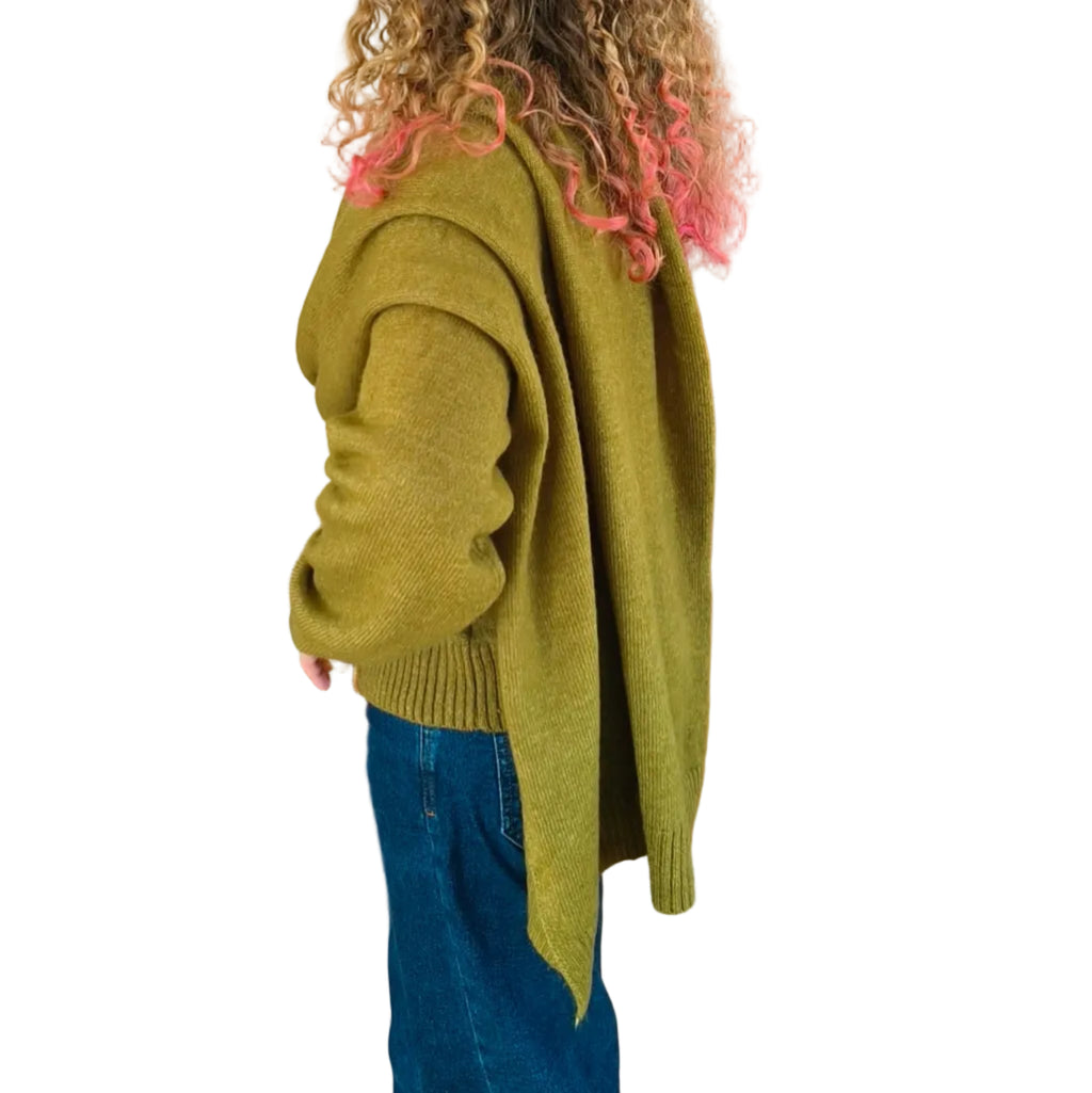 Woman wearing olive green knit with shawl collar