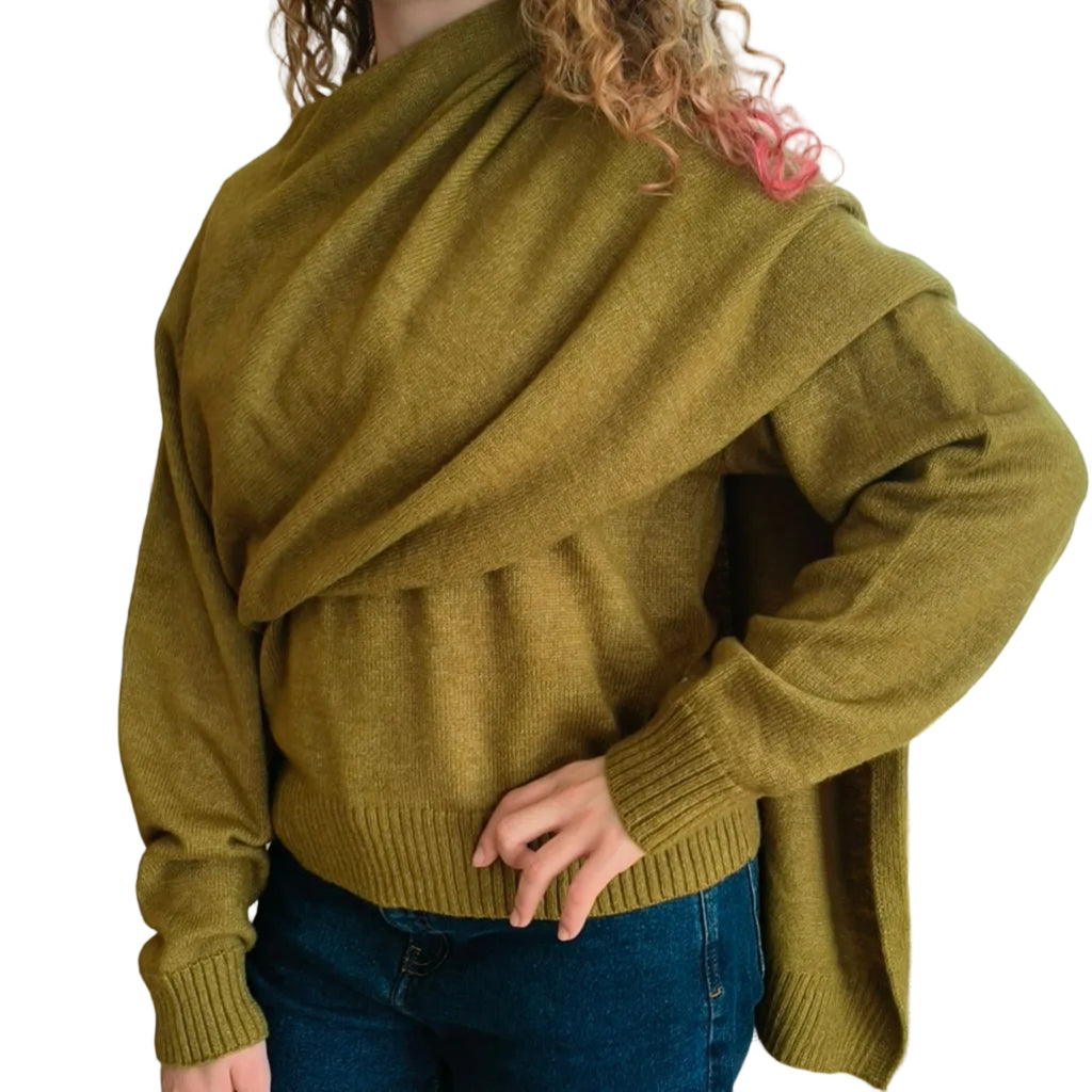 Woman wearing olive green knit with shawl collar