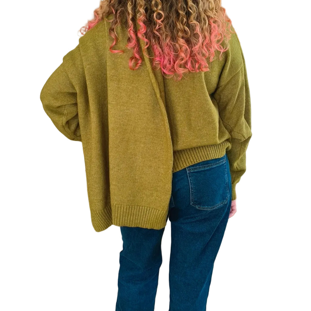 Woman wearing olive green knit with shawl collar