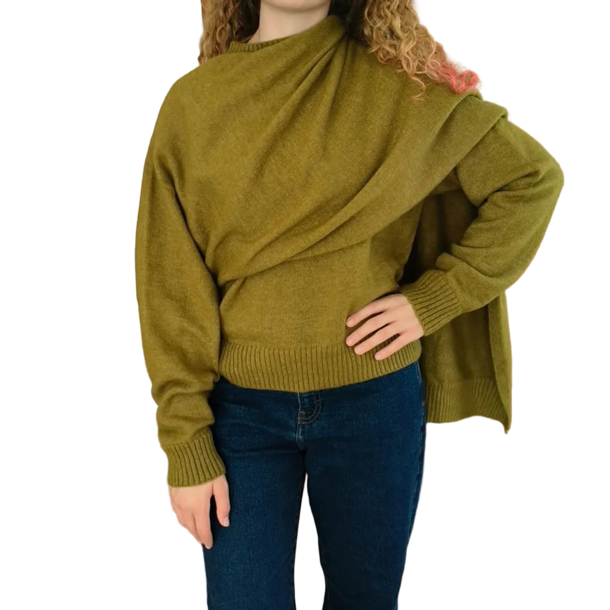 Woman wearing camel knit with shawl collar